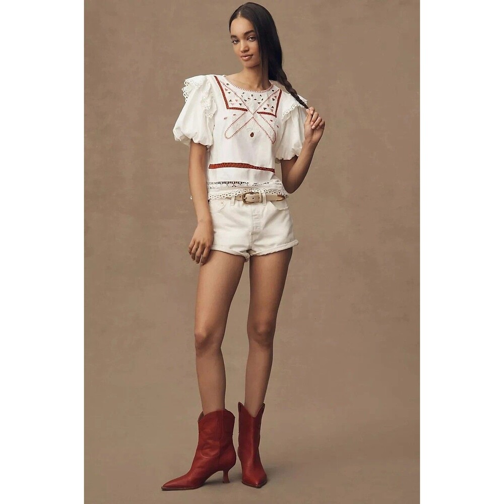 By Anthropologie Puff-Sleeve Cutwork Blouse Top Embroidered Cotton M NEW 281555